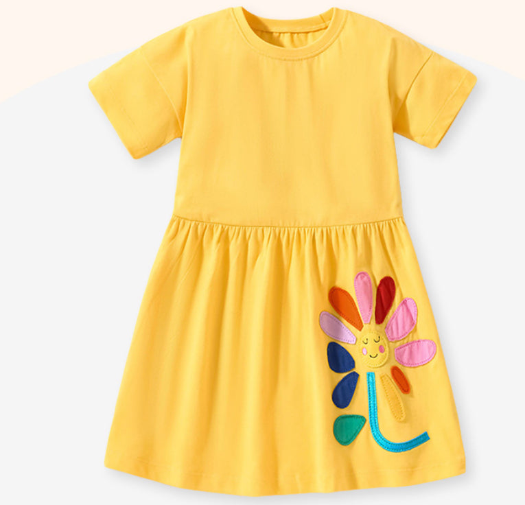 Yellow Short Sleeve cartoon Flower Dress