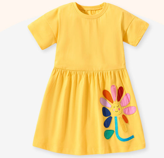 Yellow Short Sleeve cartoon Flower Dress