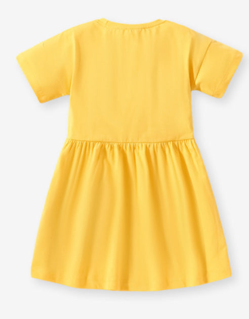 Yellow Short Sleeve cartoon Flower Dress